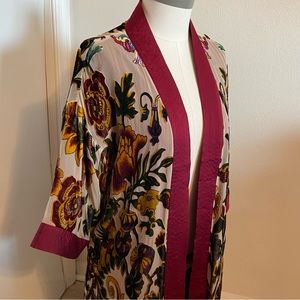 Chico's 35th Anniversary Red Tan Green Gold  Floral Velvet Burnout Kimono Sz S/M